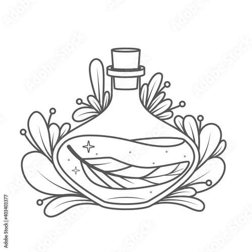 A magical bottle with plants around and a feather inside - coloring book page. Vector illustration