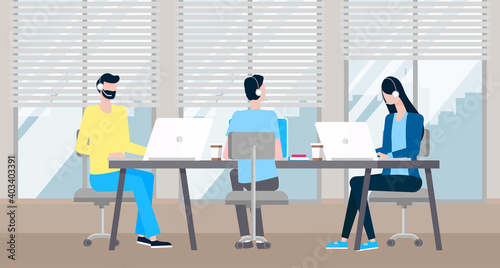 Business characters are working in office. Colleagues in headphones sit at a laptop and call clients. Employees work in the call center. The staff communicates and drinks coffee. Online sales concept