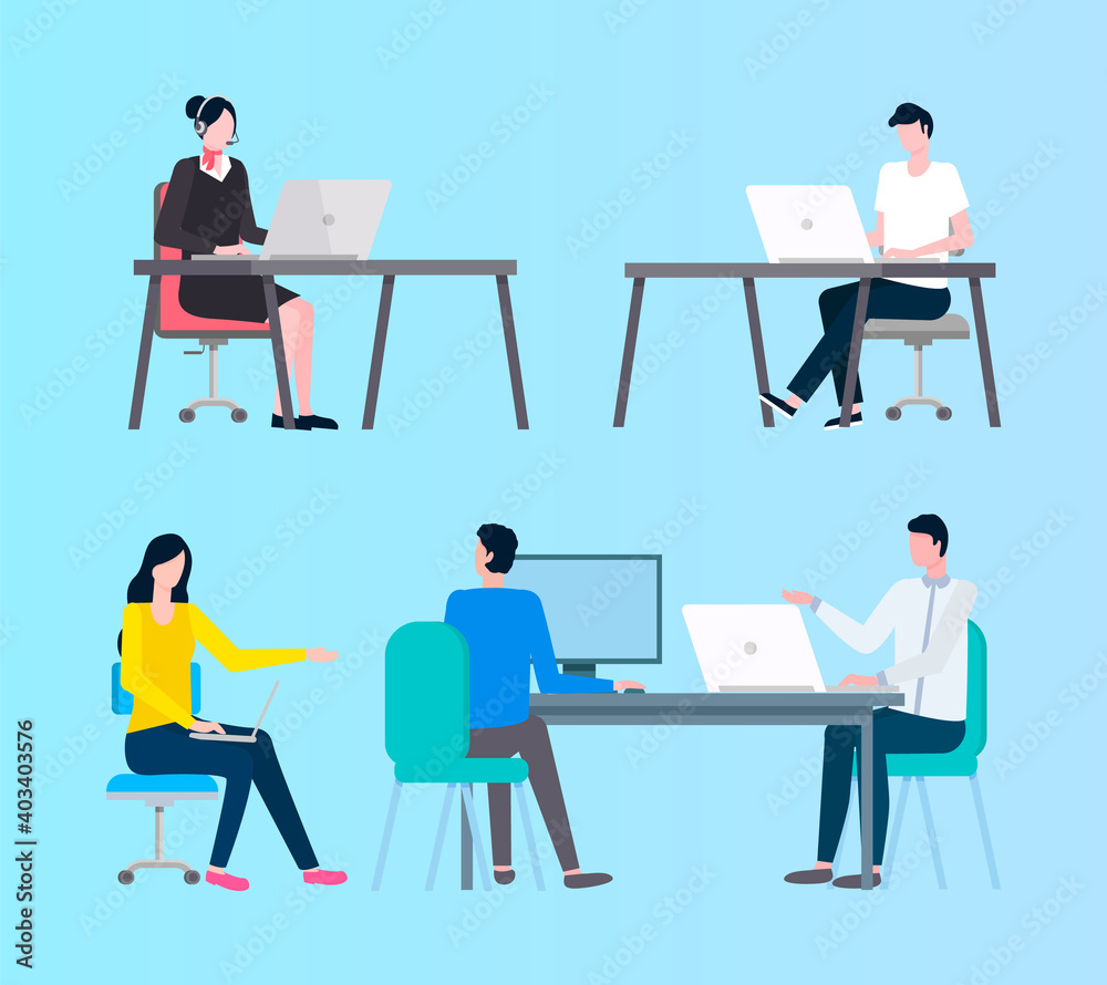 People working vector, colleagues in office man and woman thinking on new business projects and strategies. Person with laptop and monitors flat style People working vector, colleagues in office man and woman thinking on new business projects and strategies. Person with laptop and monitors flat style