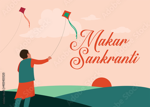 Happy Makara Sankranti, kid flying kite on Sankranti festival template design for flyers, cards, brochures, banners.