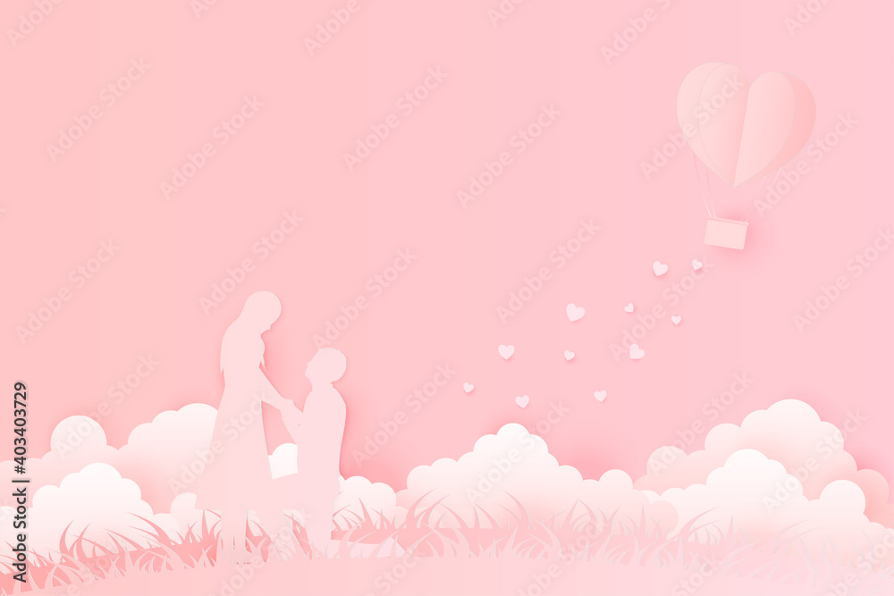 Illustration Young couple dating in Valentine day Pink Tone , Man kneeling to propose married to woman. Paper Heart shape balloon floating in the sky . Paper Sculpture art Style , Vector