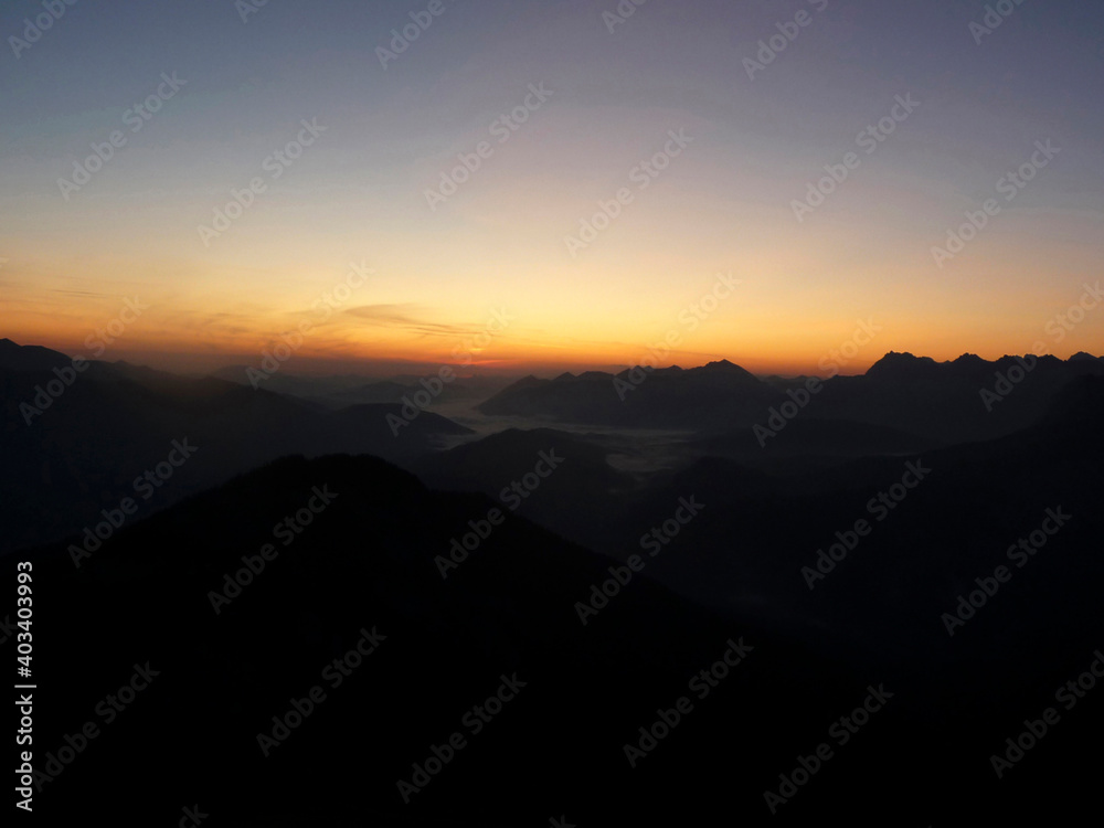 Sunrise mountain hiking tour on Jubilaeumsgrat ridge, Bavaria, Germany