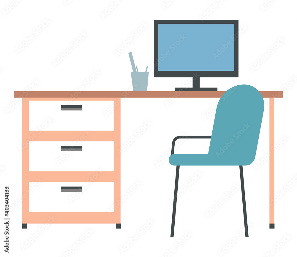 Organization of furniture and equipment in workplace. Doctor s office interior element. Therapist s desk with computer and writing supplies. Workplace in hospital isolated on white background Organization of furniture and equipment in workplace. Doctor s office interior element. Therapist s desk with computer and writing supplies. Workplace in hospital isolated on white background