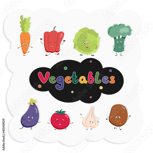 Set of colorful images of cute kawaii vegetables. Isolated elements on white background. Vector illustration in a flat style for children. Go vegan