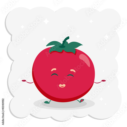 
Cheerful smiling cute tomato with face, arms and legs isolated on background. Vector illustration in flat cartoon style for baby design. Vegetables for a healthy diet, vegetarianism