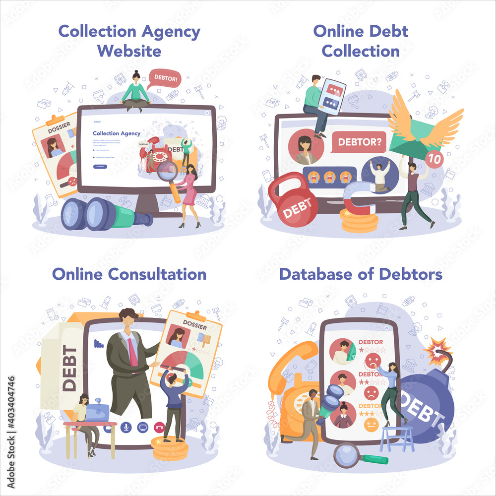 Debt collector online service or platform set. Collecting agency looking