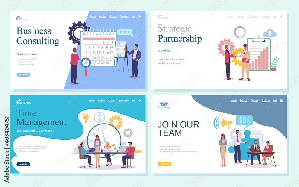 Business consulting, strategic partnership, time management, join our team webpage template. Business development processes and relationships, planning organization landing page with office characters
