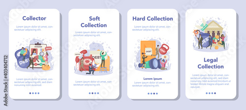 Debt collector mobile application banner set. Pursuing payment