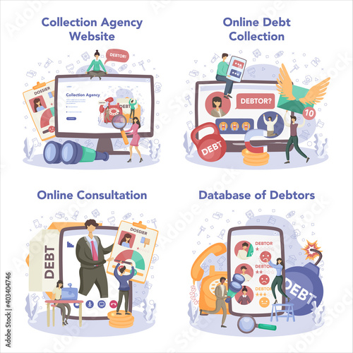 Debt collector online service or platform set. Collecting agency looking