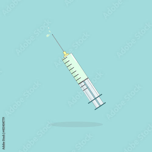 Health and Medical equipment concept: Transparent syringe with green vaccine liquid is floating on a green background. Equipment for a cure, by using it inject vaccine or serum into a body.