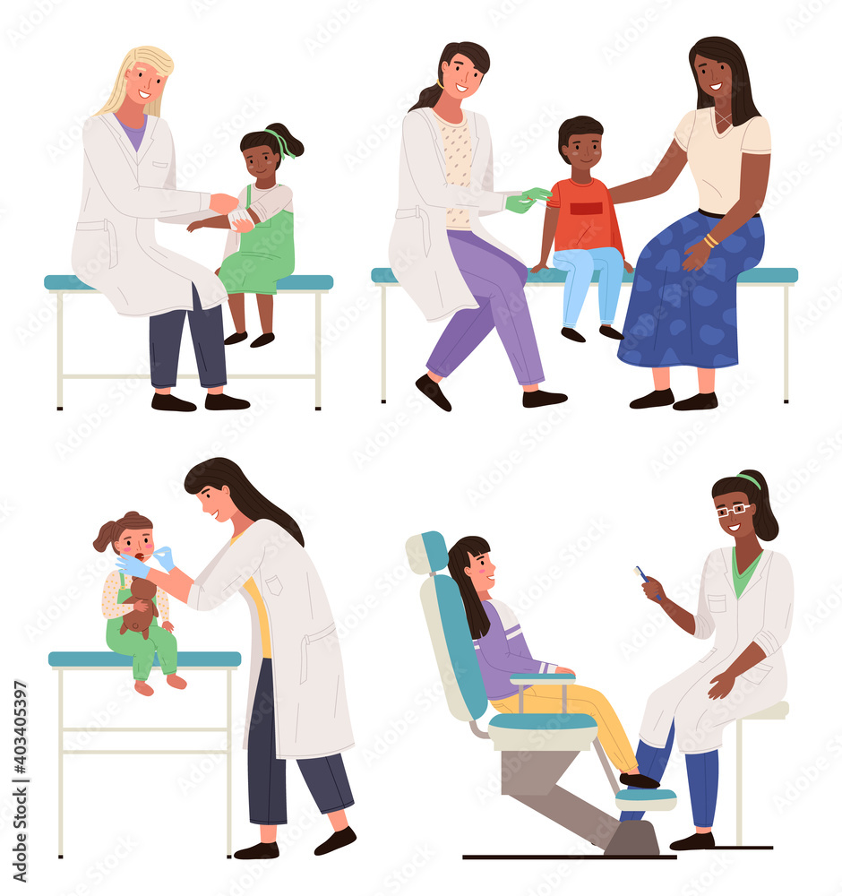 Set of illustrations on the topic of consultation with doctor. Children at appointment in the hospital isolated on white background. Pediatrician examines the patient. Physician helps treat people - obrazy, fototapety, plakaty 