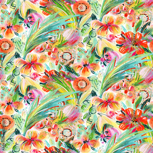 Fototapeta Naklejka Na Ścianę i Meble -  Seamless pattern with bright tropical flowers
