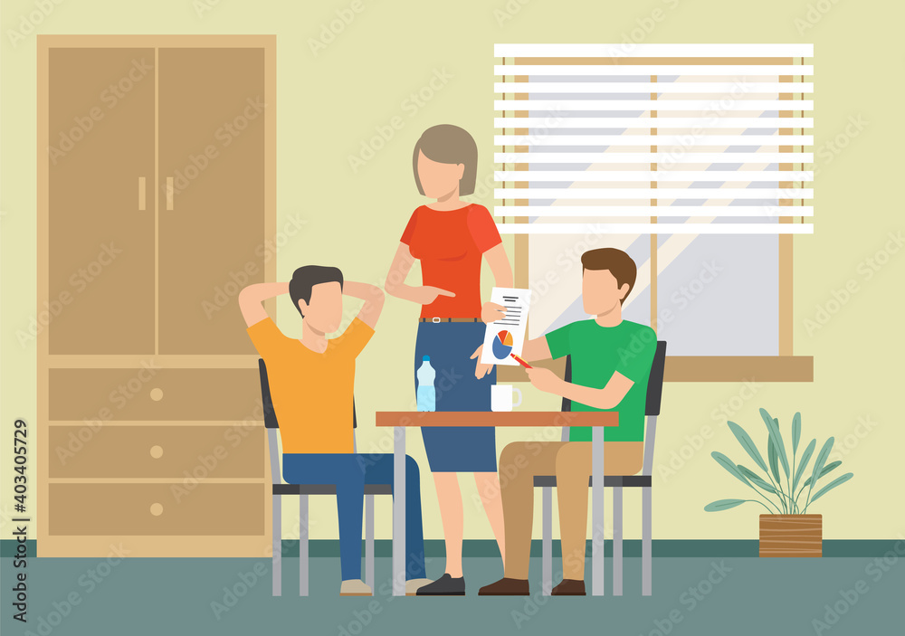 Business meeting or working process. Men sitting in office at a table, woman explains presentation on paper sheet. Project management and teamwork concept. Businessman make a financial report Business meeting or working process. Men sitting in office at a table, woman explains presentation on paper sheet. Project management and teamwork concept. Businessman make a financial report