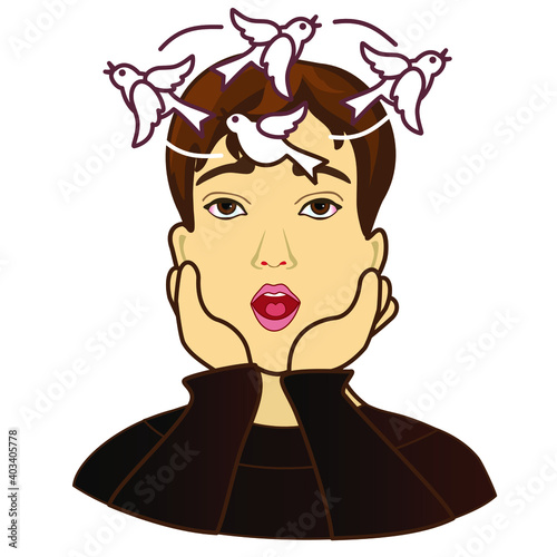 emoticon with a discouraged guy, with birds circling over his head, color simple clip-art, emoji on white isolated background