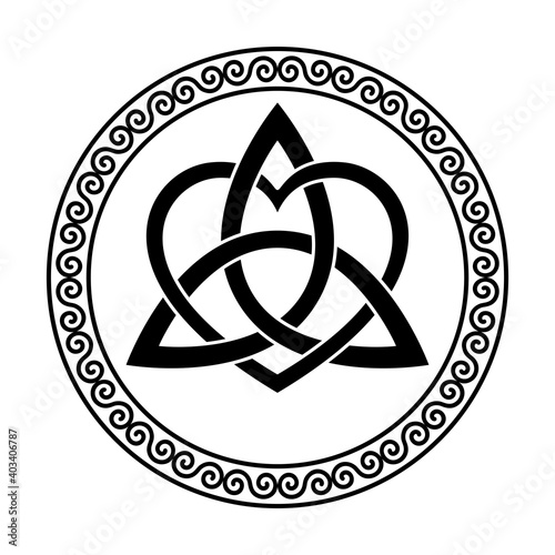 Triquetra with heart symbol, within a circular spiral frame. Celtic knot, triangular figure, used in ancient Christian ornamentation, surrounded by border, made of double spirals. Illustration. Vector