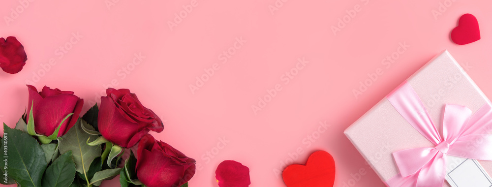 Valentine's Day design concept background with rose flower and gift box.