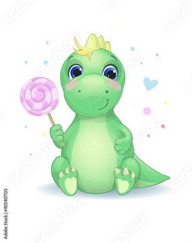 Cute little dinosaur with candy Vector illustration