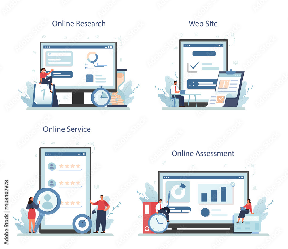 Employee efficiency online service or platform set. Business staff management