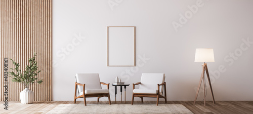 Living room design with empty frame mockup, two wooden chairs on white wall