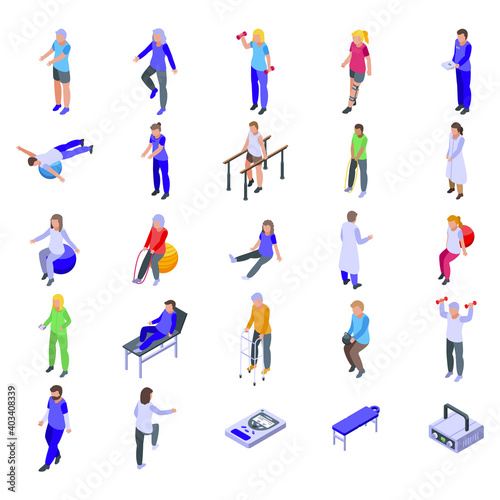 Physical therapist icons set. Isometric set of physical therapist vector icons for web design isolated on white background