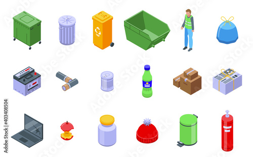 Waste icons set. Isometric set of waste vector icons for web design isolated on white background