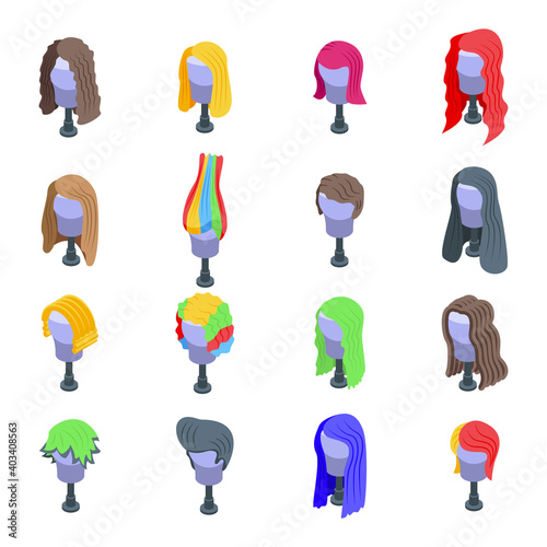 Wig icons set. Isometric set of wig vector icons for web design isolated on white background