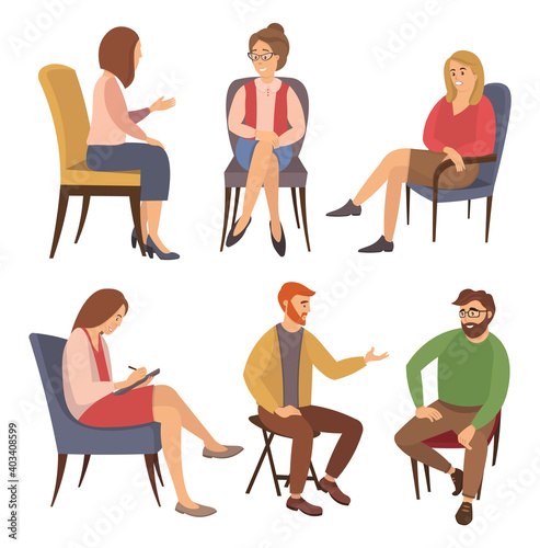 Group of people are sitting together on chairs and talking. The psychologist is asking questions. Conversation between persons and male psychologist or psychotherapist. Family psychotherapy
