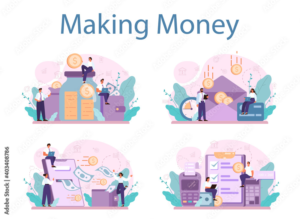 Making money concept set. Idea of business development and investment.