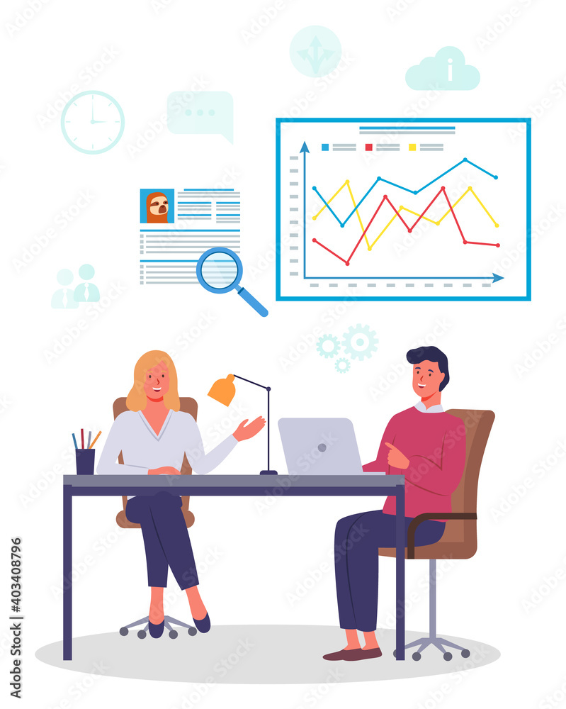 Office meeting business people man and woman discussing indicators. Woman makes a presentation to colleague. Businessmen siting at a table talking communication, discuss presentation graphs and charts