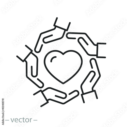 hands holding heart icon, community concept charity or donate, social support in the unity, love in the people group, thin line symbol on white background - editable stroke vector illustration