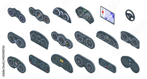 Car dashboard icons set. Isometric set of car dashboard vector icons for web design isolated on white background