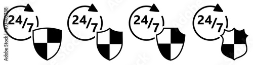 24 7 icon behind shield, different versions. Nonstop protection or security concept