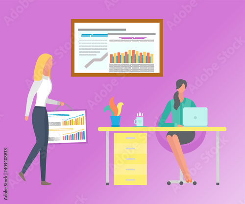 Woman portrait view holding presentation with chart, female using laptop, chart on boards, workplace of office on purple, rising statistics vector © robu_s