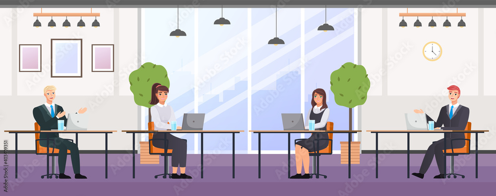 Business people in the coworking center. Man and woman sitting at a table with laptop working together in a large spacious room. A team of employees doing work at the conference table, brainstorm