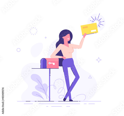 Happy woman got an important letter. Handsome businesswoman or manager is standing nearby mailbox and holding an envelope. Modern vector illustration.