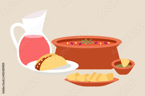 Mexican cuisine dishes vector illustration. Set of traditional meals for Mexico. Template for mexican cafe or restaurant. Demonstration of serving nachos and burrito. Large saucepan with sauce