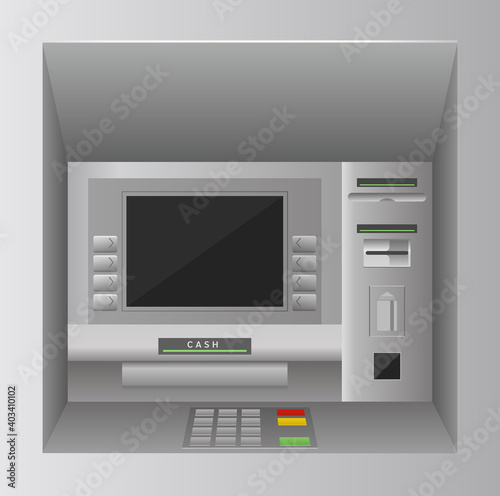 Atm bank cash machine 3d realistic front view, atm street kiosk, bankomat service