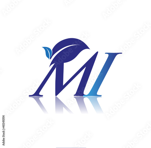 Initial Letter MI With Leaf Logo, colored blue nature and environment logo. vector logo for business and company identity.