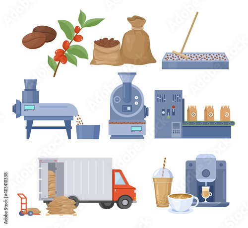 Coffee production vector illustration set. Processing and roasting coffee beans, making coffee.