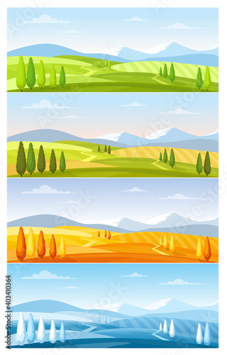 Mountain nature landscape in four seasons set, natural rural agricultural farm fields