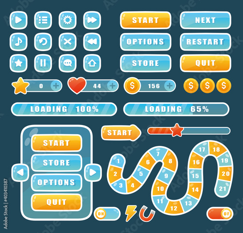 Cartoon navigation app menu elements, glossy buttons to play video game, progress bar, arrow and window gui design in different color. Buttons for mobile user game ui interface.
