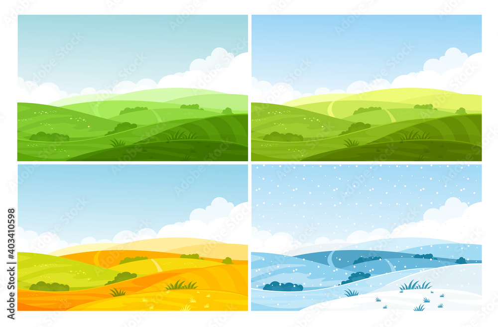 Nature field landscape in four seasons set, cartoon summer spring autumn winter scenes