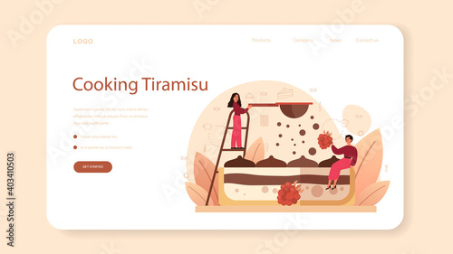 Tiramisu dessert web banner or landing page. People cooking