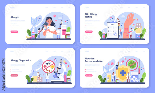 Allergist web banner or landing page set. Disease with allergy symptom,