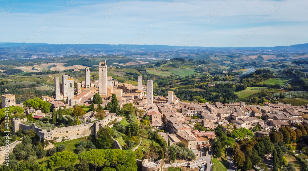 aerial view of the ancient etruscan village of San Gimignano in the Tuscany region of Italy.