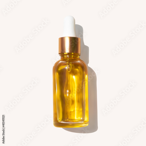 Oil serum glass bottle with trendy hard shadow isolated realistic vector illustration, top view. Aromatherapy oil