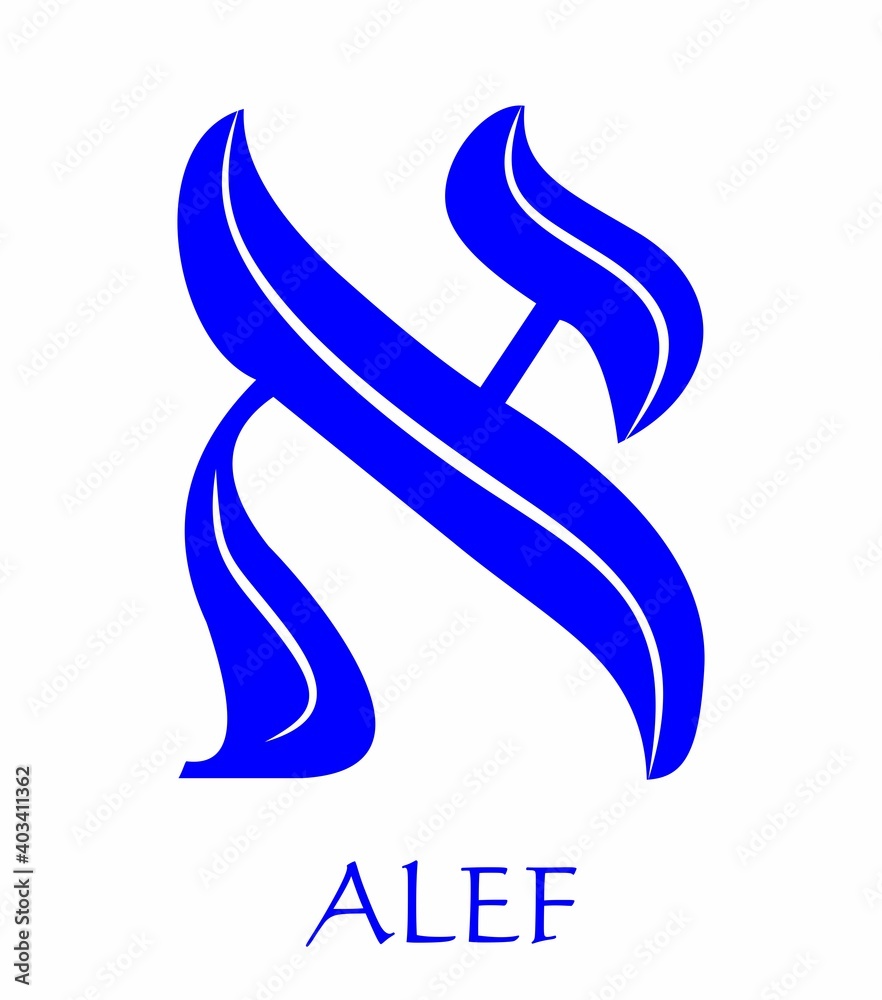 Hebrew alphabet - letter alef, gematria bulls head symbol, numeric value 1, blue font decorated with white wavy line, the national colors of Israel vector design Hebrew alphabet - letter alef, gematria bulls head symbol, numeric value 1, blue font decorated with white wavy line, the national colors of Israel vector design