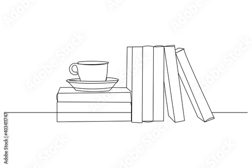 Continuous line drawing of a stack of book beside a cup of coffee at work desk. Writing draft business concept. Modern single one line art draw design vector graphic illustration
