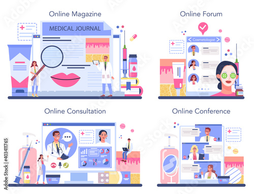 Cosmetologist online service or platform set. Skin care and treatment procedure.