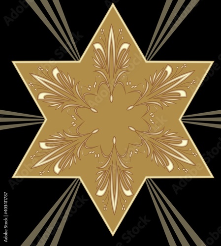 Golden Star of David with embossed ornament on a black background with gold rays. The main religious symbol of Judaism. Vector design